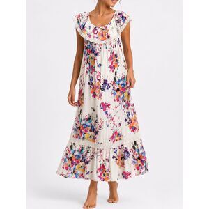 Umgee Floral Boho Maxi Dress M Cottagecore Crochet Trim Romantic